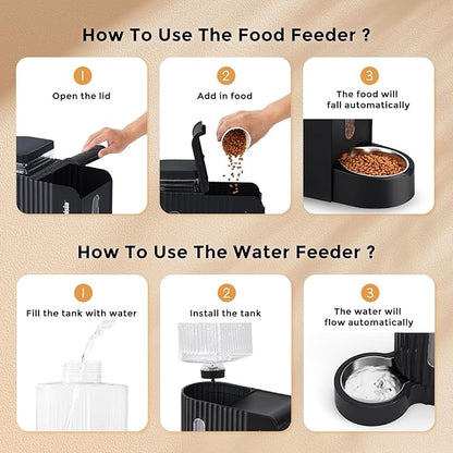 ZOMISIA Gravity Cat Feeder and Water Dispenser with 304 Stainless Steel Bowls, 2 in 1 Automatic Cat Feeder with 180 Degree Rotatable Water Bowl, Large Capacity for Puppy Kitten Rabbits, Black