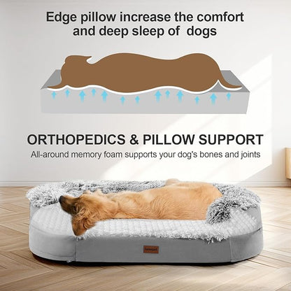 iweepet 3.7 inch Thickened Orthopedic Dog Beds for Extra Large Dogs, Fluffy Supportive Dog Sofa Bed with 28D Egg-Crate Foam, Removable Washable Cover, Waterproof Lining, Cozy Oval Design,Grey