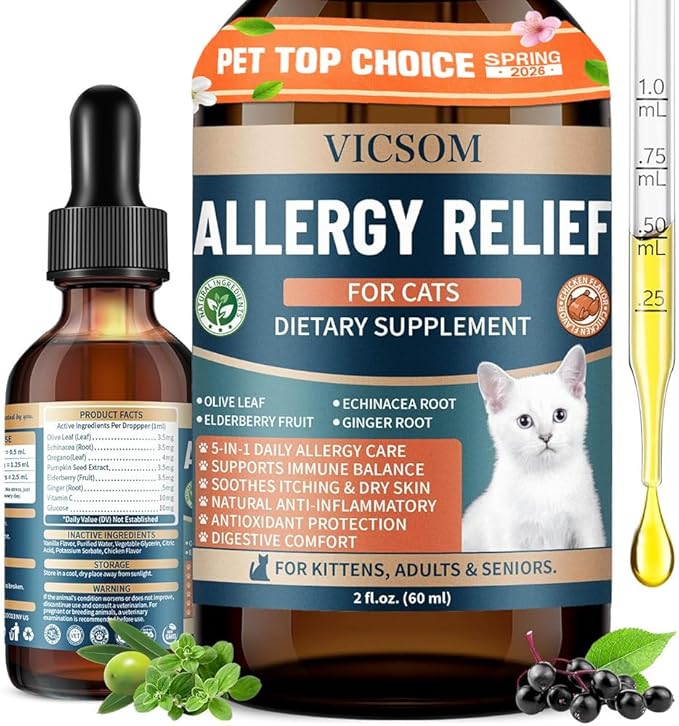 Cat Allergy Relief for Cats, Seasonal Skin Allergy Relief for Cats Itchy Skin, Paws, Eyes, Ears, Stop Licking & Scratching, Calms Dry Skin, Matted and Shedding Fur, Cat Immune Support, 60ml