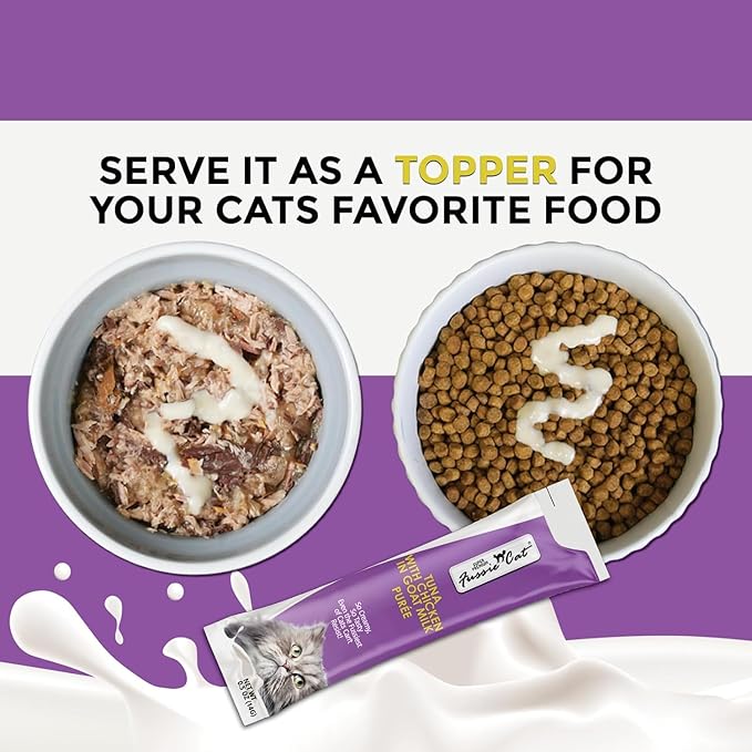 Fussie Cat Super Premium Cat Treats in Goat Milk Puree, lickable cat Treats,6 Packs of 4-0.5oz Tubes, Variety Flavor Pack of 6 Flavors.