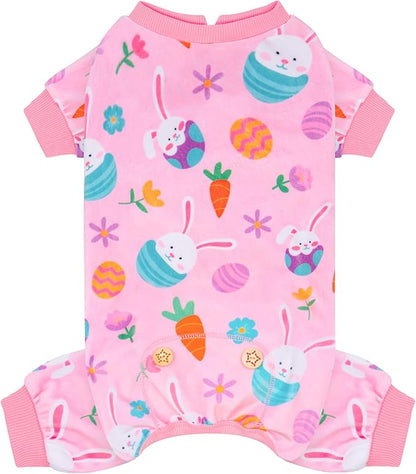 KYEESE Easter Dog Pajamas, Soft Dog Pajamas for Small Medium Dogs Girl, Stretchy Dogs Pjs Velvet Pet Jumpsuit with Eggs & Bunny Pattern, Comfy Lightweight Pet Outfit, Pink, XL