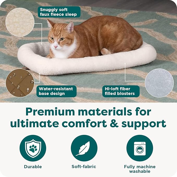 FurHaven Dog Bed for Extra Small Dogs & Cats, Bolster Crate Pad with Soft Supportive Base for Carriers & Kennels, Machine Washable, Extra Small, Sherpa Fleece, Cream