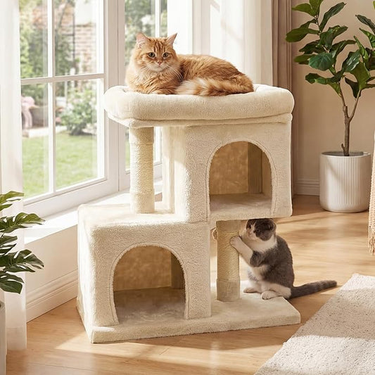 DORTALA Cat Tree for Indoor Adult Cats & Kittens, 25.5" Modern Cat Tower with 2 Condos, Top Perch, 3 Caves, Sisal Scratching Post, Pet Climbing Furniture Activity Center (Beige)