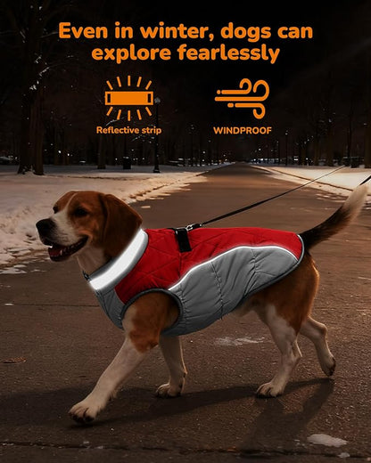 Dog Winter Coat for Large Dogs, Adjustable Puppy Warm Jackets in Cold Weather, Reflective Pet Fleece Vest with External Attachment Points, Zippered Cold-Weather Dog Winter Clothes, L Red