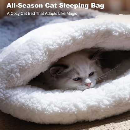 Cat Sleeping Bag 4 in 1 Cute Self Warming Cat Bed Cave with Plush Portable Snuggle Sack/Hideway for Indoor Cats & Small Pets White 21×17 Inch
