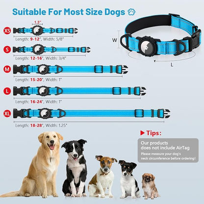 Taglory AirTag Dog Collar with Waterproof Holder for Medium Dogs, SkyBlue M | Reflective for Night Walks & Low-Light Safety, Track Your Pup Peace of Mind, Adjustable Soft Padded, No More Dangling Tags