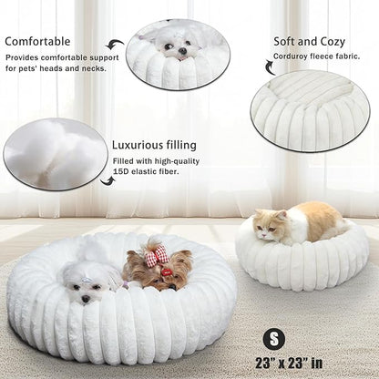 Donut Small Dog Bed Washable - Dog Beds for Small Dogs and Cats with Corduroy Fleece & Anti Slip Bottom, Calming Round Faux Fur Cute Pet Bed for Puppy Kitten, Cream, 23x23x5.5 inches