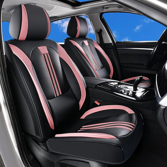 Huidasource Car Seat Cover, Seat Covers Nappa Leather with Lumbar Support, Side Elastic Fabric, Velcro Adjustable, Airbag, Ventilation Heating, Universal Fit for Most Cars SUV Trucks, Black＆Pink