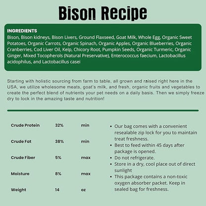Shepherd Boy Farms Freeze Dried Raw Dog Food, Bison Recipe, All Natural, No Synthetics, Made in USA with Goat's Milk & Organic Produce, High Protein, Complete Meal (14oz)