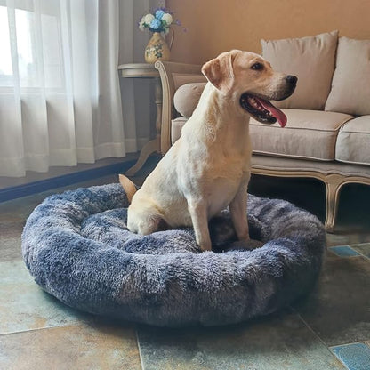 Oval Calming Donut Cuddler Dog Bed,Shag Faux Fur Cat Bed Washable Round Pillow Pet Bed(30"/36"/43") for Small Medium Dogs (XL(36"x27"x7"), Grey2021)