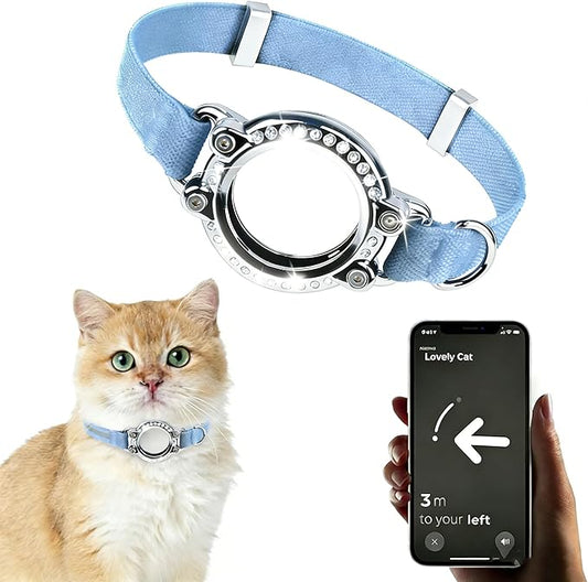 AirTag Cat Collar, Ultra Elastic Cat Tracker Collar with Apple Air Tag Holder, [Lightweight & Scratch Resistant] Stepless Adjustable GPS Pet Tracking Collars for Cats Kittens [Diamond Blue]