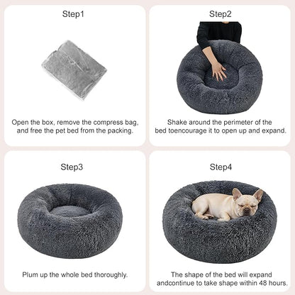 Dog Calming Beds for Small Medium Large Dogs - Round Donut Washable Puppy Dog Bed, Anti-Slip Faux Fur Fluffy Donut Cuddle Anxiety Cat Pet Bed(32" Dark Grey)
