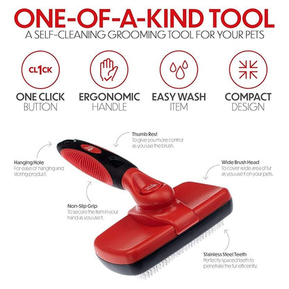 Self Cleaning Slicker Brush for Cat and Dog Coat - Detangler Dog Brush for Shedding & Grooming - Super Easy to Clean Deshedding Grooming Tool Removes Loose Pet Hair, Mats and Tangles (Red)