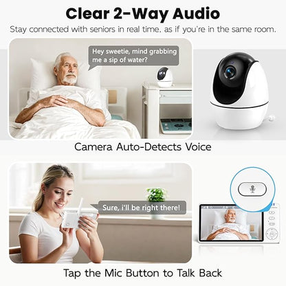 Elderly Monitor with Camera and Audio & Call Button, 2-Way Talk Room Monitors for Elderly, Med Reminder Temp Alert Baby Monitors for Elderly Care & Caregivers, PTZ Camera for Senior Monitoring/No WiFi
