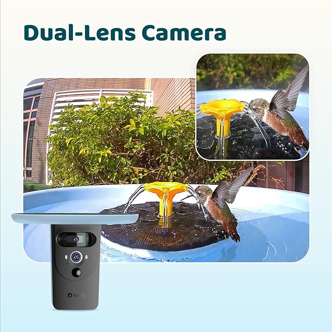 Birdfy Smart Bird Bath with Camera Solar Powered & Fountain, Dual-Lens Camera for Wildbird Watching, Auto Capture Bird Videos & Motion Detection - AI by Subscription (Blue)
