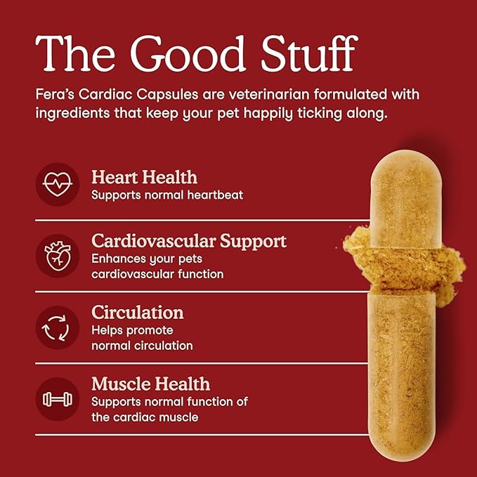 Fera Pets Cardiac Support - Cat & Dog Heart Supplement with Taurine, L-Carnitine, & CoQ10 - Promotes Normal Circulation and Heartbeat - 120 Capsules