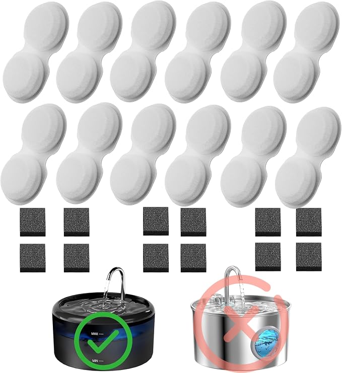 VOUAAOOD Cat Fountain Filters Replacement: 24 Pet Water Fountain Filters - 12 Carbon Filters + 12 Sponges Filters Suitable for H6 Cat Fountain for Drinking - 6 Months Usage Kit