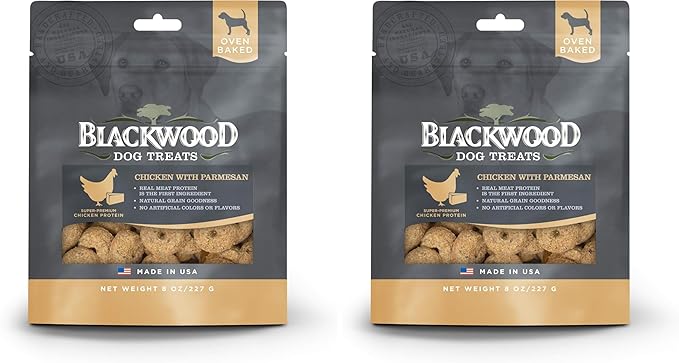 Blackwood Oven Baked Dog Treats, Chicken with Parmesan, 8 Ounce Pouch, Training Treats for All Life Stages and Breed Sizes (Pack of 2)