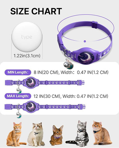 Cat Tracker Collar - Waterproof Airtag Cat Collar with Finder Tag, Purple | Compatible with Apple Find My (iOS ONLY), Breakaway Tractive Design with Reflective Pattern & Bell (Not for Android Devices)