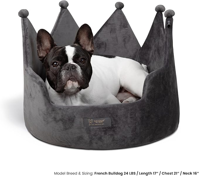 NANDOG Crown Dog Bed for Small Dogs & Cats – Soft Plush Round Pet Bed, Cozy Royal Design, Comfortable Indoor Puppy Bed for Crate or Kennel, Dark Gray, Medium