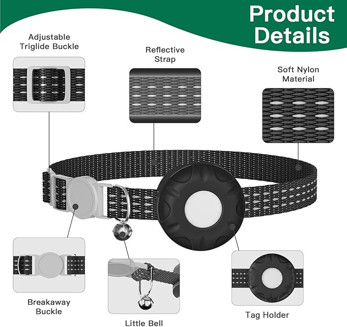 Cat Tracker Collar,No Monthly Fee Cat Tracker Works with Apple Find My App(Only iOS),GPS Tracker for Cats,Real-Time Location Pet Tracking|Safety Collar and Tracker Holder Included - Black