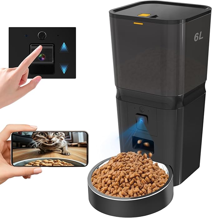 Automatic Cat & Dog Feeder with Camera, 6L WiFi Smart Pet Feeder, Anti-Jam, Dual Power, Remote Video & Two-Way Audio, Timed Feeding App Control for Multi-Cat Homes
