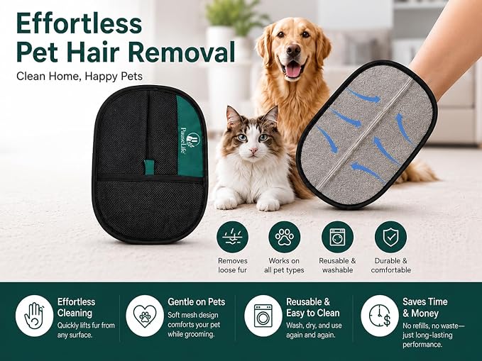 Pet Hair Remover Glove - Reusable Double-Sided Lint Brush Mitt for Dog and Cat Hair, Removes Fur from Furniture, Couch, Carpet Car Seats & Clothing