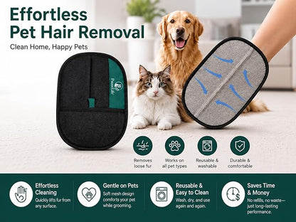 Pet Hair Remover Glove - Reusable Double-Sided Lint Brush Mitt for Dog and Cat Hair, Removes Fur from Furniture, Couch, Carpet Car Seats & Clothing