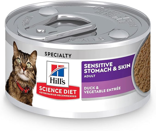 Hill's Science Diet Adult Sensitive Stomach & Skin Wet Cat Food, Duck & Vegetable, 2.9 oz. Cans, 24-Pack