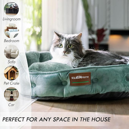 ClevaHome Upgrade Plush Faux Fur Cat Bed - Washable Round Cat Beds for Indoor Cats, Small Dog Bed for Pets up to 15lbs, Reversible Cushion, Non-Slip Bottom (Washed Green)