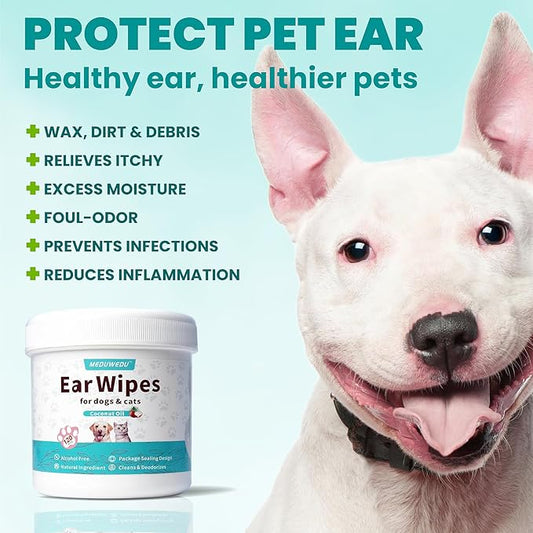 MEDUWEDU Ear Cleaner Wipes 120 Counts, Dog Ear Cleaner, Grooming Kit Care for Dogs and Cats, Soft & Easy Otic Cleaning Pads, Remove Wax, Dirt & Stop Smelly, Itchy, Non-Irritating, Coconut Scent