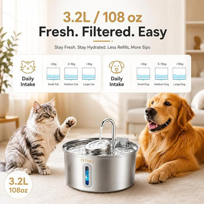 Luxury Smart Pet Fountain 2026 – 3.2L/108oz Stainless Steel Automatic Cat & Dog Water Fountain, Indoor Pet Water Dispenser with LED Light, Quiet Pump, Dual Flow Modes, 4-Layer Filter, Dishwasher Safe