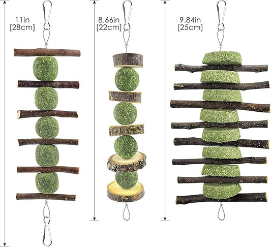 ERKOON Bunny Chew Toys, Rabbit Chew Toys for Teeth Grinding, Improve Dental Health, 100% Natural Apple Wood Timothy Grass Cake Treats for Rabbits Guinea Pigs Chinchillas Bunnies Hamsters (7 Pcs)