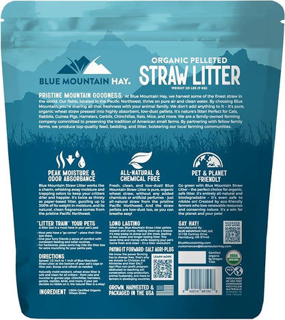 Blue Mountain Hay Organic Small Animal Pet Litter and Bedding (20 lb), Pelleted Wheat Straw Cage and Litter Box Liner, Safe Organic Materials, Dust-Free, Highly Absorbent, Natural Odor Control
