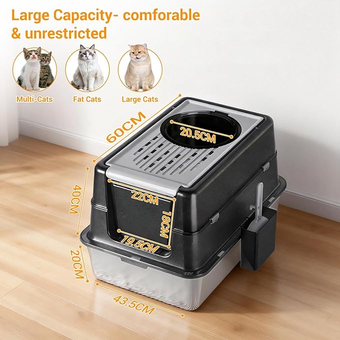 23.62" Large Stainless Steel Litter Box for Large Cats, Enclosed Cat Litter Pan with 180° Flip-Top Lid, Dual Entry Front Door & Top Entrance, Easy Clean Odor Control for Multi-Cat