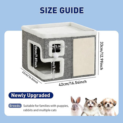 Cat Houses for Indoor Cats,Foldable with Cat Scratch Pad and Hanging Fur Ball - Washable Semi-Enclosed Cat Bed, Warming Comfy Cat Tent,16.5x16.5x12.99inch, Grey