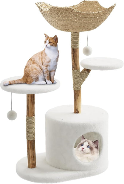 46-Inch Luxury Wooden Cat Tree Tower for Large Cats – Modern Real Branch Cat Condo with Spacious Basket, Sturdy Scratching Posts & Hanging Poms – Deluxe Indoor Cat Furniture
