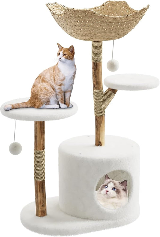 46-Inch Luxury Wooden Cat Tree Tower for Large Cats – Modern Real Branch Cat Condo with Spacious Basket, Sturdy Scratching Posts & Hanging Poms – Deluxe Indoor Cat Furniture