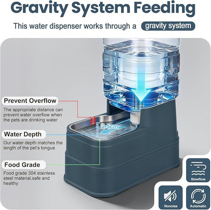 Automatic Cat Water Dispenser Gravity Stainless Steel Water Feeder Dog Waterer Feeder with Wide Mouth Bowl for Small Medium Dog Puppy Kitten (Filter &Ice Pack Included) 1Gallon Navy