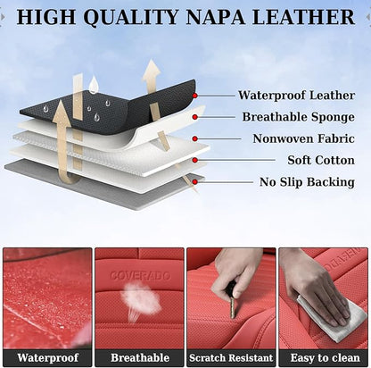 Coverado Car Seat Covers Full Set, Red Seat Covers for Cars, Automotive Seat Covers, Waterproof Nappa Leather Front Seats and Back Car Seat Protector, Universal Fit for Most Cars SUV Trucks