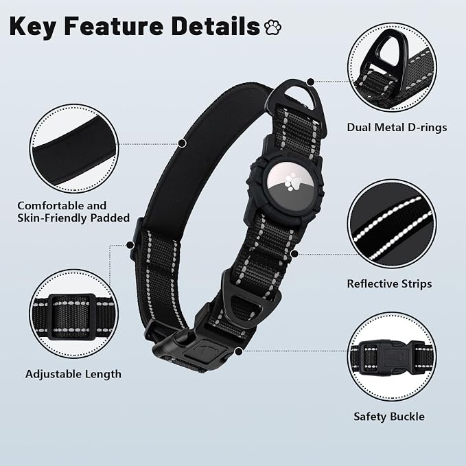 Taglory AirTag Dog Collar with Waterproof Holder for Large Dogs, Black, XL | Reflective for Night Walks & Low-Light Safety, Track Your Pup Peace of Mind, Adjustable Soft Padded, No More Dangling Tags