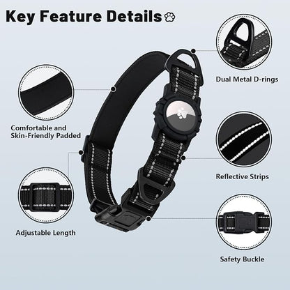 Taglory AirTag Dog Collar with Waterproof Holder for Large Dogs, Black, XL | Reflective for Night Walks & Low-Light Safety, Track Your Pup Peace of Mind, Adjustable Soft Padded, No More Dangling Tags