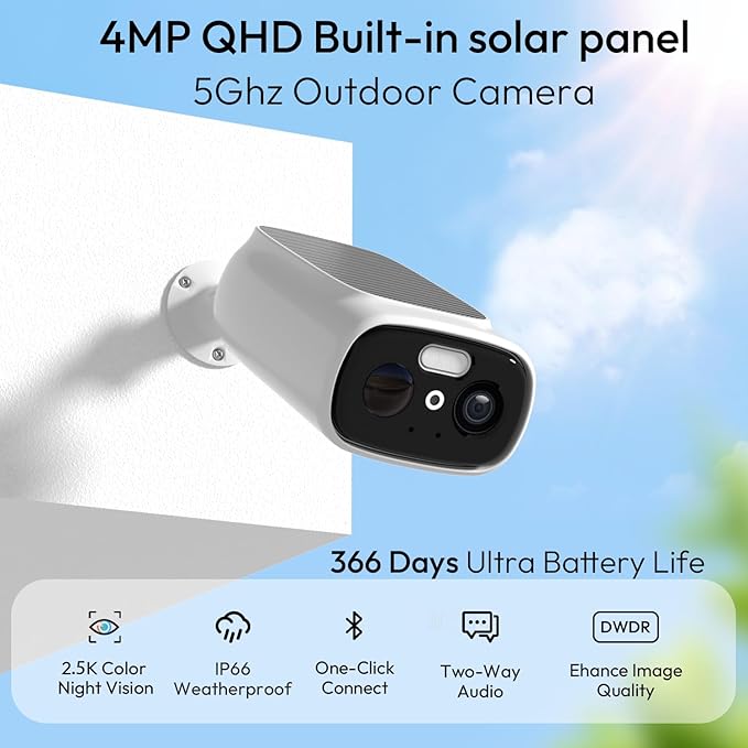 2.4G/5G WiFi Camera for Home Security with Embedded Solar Panel, 2.5K Solar Security Camera Wireless Outdoor with Color Night Vision, 2-Way Talk, Siren,IP66, Cloud/SD, AI Detection, W/Alexa