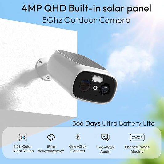 4pcs 2.4G/5G WiFi Cameras for Home Security with Embedded Solar Panel,2.5K Solar Security Cameras Wireless Outdoor with Color Night Vision,2-Way Talk,Siren,IP66, Cloud/SD, AI Detection,W/Alexa