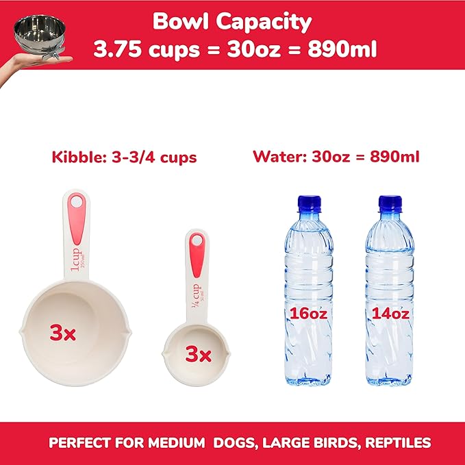 SPOT Coop Cup Bolt Clamp - Stainless Steel Hanging Bowl for Pet Crates, Easy Install, Chew-Proof, Removable Water/Kibble Bowl for Medium Dogs, Cats, Large Birds, Reptiles - 3.75 Cups (30 Oz)