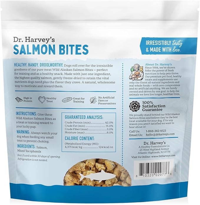 Dr. Harvey's Wild Alaskan Salmon Bites - Freeze Dried Dog Training Treats with Salmon Meat for Dogs - 7 Ounces