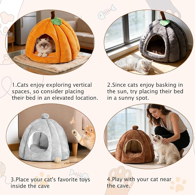 Cat Bed for Indoor Cats - Adorable Cozy Cat Cave with Removable Cushion, Super Soft Pet House Tent for Kittens & Small Pets, Warm & Washable Non-Slip Design(M 17.7 inch Brown)