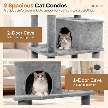 DORTALA 75" Tall Modern Cat Tree, Multi-Level Cat Tower with Large Condos, Sisal Scratching Posts, Top Perch, Hammock, Dangling Balls, Kitten Beds & Climbing Furniture for Indoor Cats (Light Grey)