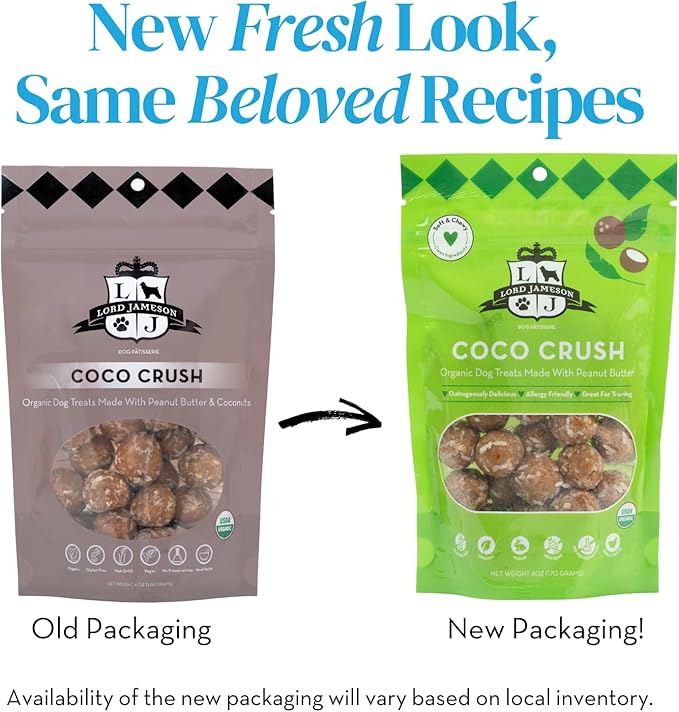 Lord Jameson: Coco Crush 6 oz - Dog Patisserie Treats, Organic Soft & Chewy No-Bake Recipe, PB & Coconut Superfood Bites, Gluten & Preservative Free