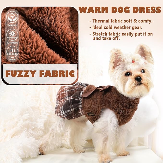 Yikeyo Dog Sweater Dress,Dog Dress Clothes Dresses for Small Dogs Girl Winter Fall Flannel Warm Pet Puppy Cat Tutu Princess Plaid Female Sweater (Medium, Brown)